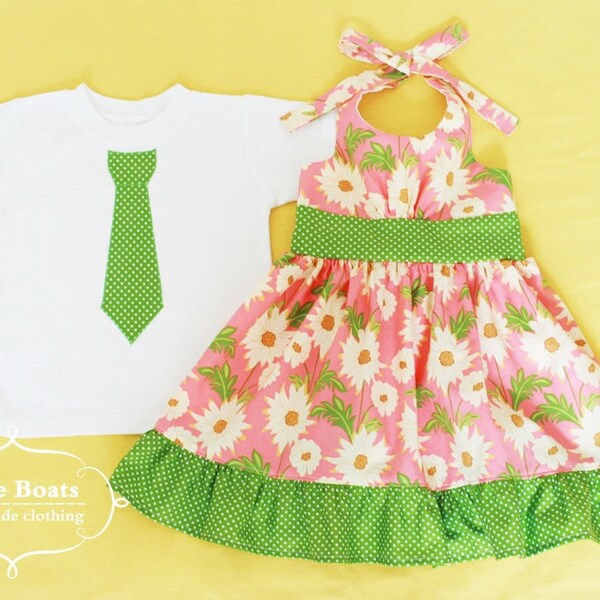Brother / Sister SET ... Meadow sweet - Halter Dress & Matching Neck Tie Applique Boys SHORT sleeve T-shirts or Onesie