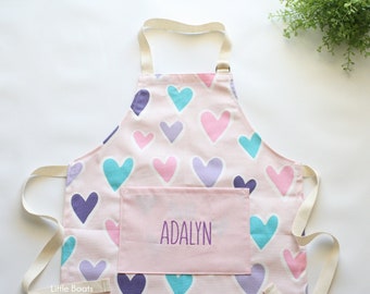 Pink Heart Kids Apron, Personalized Child Apron, Toddler Girl Apron, Cooking Apron, Pretend Play, Birthday Gift for Girl