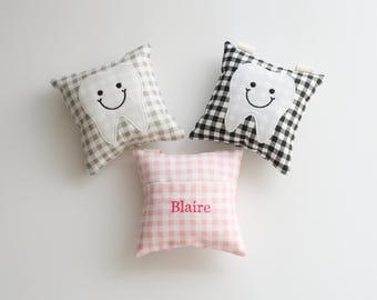 Personalized Tooth Fairy Pillow, Gingham Tooth Pillow, Tooth Fairy Door Hanger, Birthday Gift for Kids