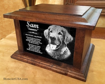 Custom Pet Urn: Laser Etched Photo, Handmade, Wood & Granite Memorial Box. Rainbow Bridge