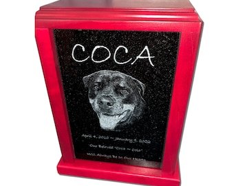 Large Custom Pet Urn: Laser Etched Granite Photo, Red Cherry Wood. Rainbow Bridge -- 1/2 PRICE CLEARANCE  (Reg price 249.00)