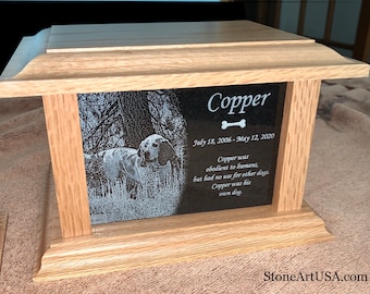 Custom Pet Urn: Laser Etched Photo, Handmade, Wood & Granite Memorial. Rainbow Bridge.