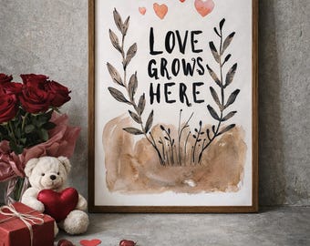 Love Grows Here Botanical Print, Watercolor Quote Wall Art (Digital Download)
