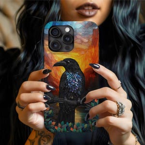 Gothic Raven Bird Phone Case, Stained Glass Fantasy Dark Goth Gift, For iPhone 16 15 14 13 Samsung S25 24 23 22 ALL MODELS Phonecase