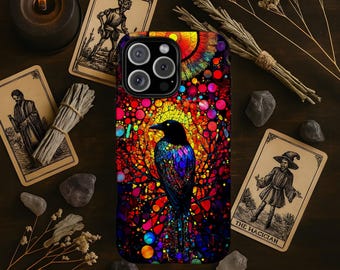 Gothic Raven Stained Glass Phone Case, Psychedelic Dark Witchy Goth Phonecase