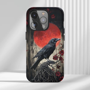 Black Raven Bird Phone Case, Artistic Wood Effect, Dark Gothic Romance Aesthetic, iPhone 16 15 14 13 12 11 Samsung S21 22 23 24 Phonecase