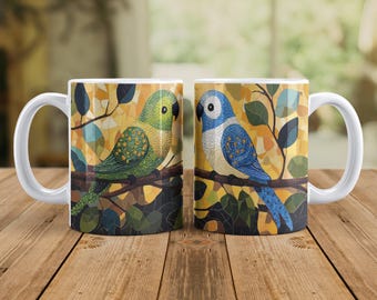 Parakeet Budgie Parrot Bird Mug, Nature Birding Birder Birdwatcher Bird Lovers Gift,  Artistic Mosaic Style, 11oz White Coffee Mug