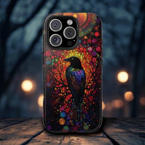 Psychedelic Dark Raven Stained Glass Effect Phone Case, Dark Goth Fantasy Moon iPhone 16 15 14 13 12 11 Case Samsung S21 22 23 24 Phonecase