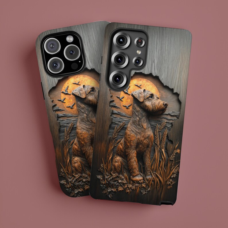 May include: Two phone cases with a dog design. The cases feature a brown dog in a field with a full moon and birds in the background. The cases have a wood-grain texture and are brown and gray.