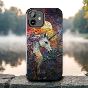 Unicorn Stained Glass Effect Sunset Art Phone Case, Fantasy Lover Gift For Her, iPhone 16 15 14 13 12 11 Case Samsung S21 22 23 24 Phonecase