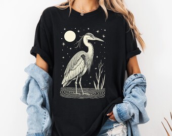 Vintage Heron Bird T-Shirt, Celestial Moon Art Tee, Unisex Comfort Colors Cotton T-Shirt, Bird Nerd Bird Lover TShirt, Tee Gift For Her