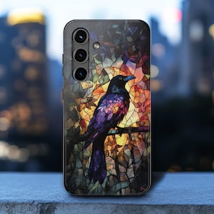 Gothic Raven Stained Glass Effect Phone Case, Crow Bird Dark Goth Full Moon iPhone 16 15 14 13 12 11 Samsung S21 S22 S23 S24 S25 Phonecase