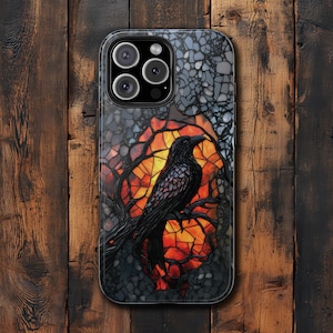 Dark Raven Stained Glass Style Gothic Phone Case, Dark Romance Goth Aesthetic, iPhone 16 15 14 13 12 11 Case Samsung S21 22 23 24 Phonecase