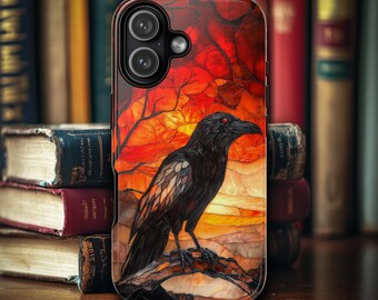 Dark Gothic Raven Phone Case, Faux Stained Glass Witchy Goth Design