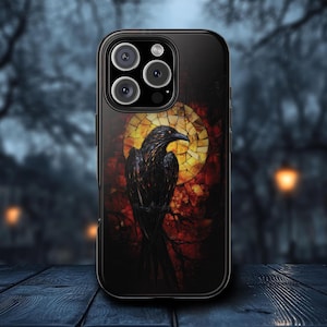 Dark Raven Bird Gothic Stained Glass Effect Phone Case, Dark Goth Full Moon iPhone 16 15 14 13 12 11 Case Samsung S21 22 23 24 Phonecase