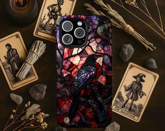 Gothic Raven Phone Case, Faux Stained Glass Phonecase, Fantasy Witchy Ravens iPhone 17 16 15 14 Pro Samsung S25 24 Ultra Plus Pixel Cover