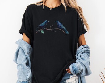Gothic Raven Birds Shirt, Cottagecore Watercolor Aesthetic T-Shirt, Nature Crow Bird Tee, Bird Lover Gift, Oversized Comfort Colors Shirt