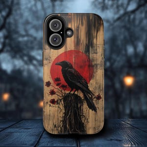 Gothic Raven Bird Phone Case, Dark Art Goth Blood Moon Wood Print Effect iPhone 16 15 14 13 12 11 Case Samsung S21 22 23 24 Phonecase