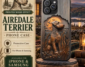 May include: A phone case with a wood-grain texture featuring a relief-style illustration of an Airedale Terrier sitting in a field of wheat against a large orange sun. The case has a black camera module cutout and a dark, rustic aesthetic.
