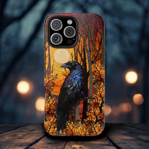 Raven Bird Phone Case, Stained Glass Gothic Art Dark Forest Corvid Gift, For iPhone 16 15 14 13 Samsung S25 24 23 22 ALL MODELS Phonecase
