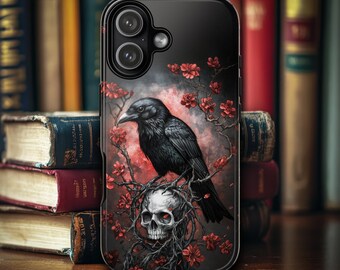 Dark Gothic Raven Phone Case, Witchy Skull & Blossoms Goth Design