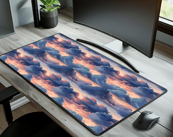 May include: A large desk mat with a colorful design of pink, blue, and white clouds. The mat is made of a durable material and is perfect for protecting your desk from scratches and spills.