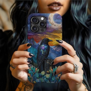 Crow Stained Glass Phone Case, Dark Gothic Bird Art, Goth Raven Bird Gift for iPhone 16 15 14 13 Samsung S25 24 23 22 ALL MODELS Phonecase