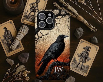 Custom Monogram Raven Phone Case, Personalized Cracked Ink Dark Gothic Cover, Witchy Goth Gift, iPhone 17 16 15 Samsung S25 24 23 Phonecase