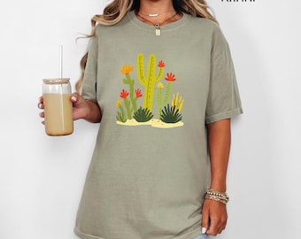Folk Art Cactus Shirt, Floral Nature Cacti Graphic Tees, Succulent Plants Summer Tee, Desert Cactus Botanical Gardening Unisex T-Shirt