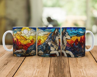 Alaskan Malamute Mug Gift, Stained Glass Coffee Cup for Sled Dog Lovers, Malamute Pet Owner Gift for Dog Mom Dad, 11oz Ceramic Tea Mugs