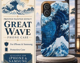 May include: A phone case featuring a printed painted effect of a large, dark blue ocean wave with white foam crests. The design mimics traditional Japanese art styles, showing a towering wave against a light background. The case has two camera lenses.