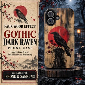 May include: A phone case featuring a faux wood grain design with a black raven perched on a tree stump against a large red sun and red floral branches. The case has a dual-lens camera cutout and is displayed on a dark, textured wooden surface.