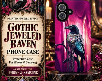 May include: A phone case featuring a black raven perched on a branch against a vibrant magenta background. The raven is adorned with intricate, sparkling jewel-like embellishments and hanging chains. The case has a dual-lens camera cutout.
