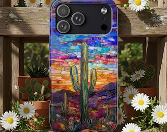 Cactus Desert Sunset Stained Glass Art Phone Case, Cacti Desert Lover Gift, iPhone 17 16 15 14 13 12 11 Samsung S21 22 23 24 25 Phonecase