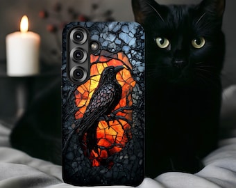 Gothic Raven Stained Glass Phone Case, Sunset Witchy Goth Design