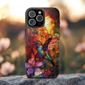 Funda para teléfono con diseño de colibrí, con vitrales falsos, diseño floral, ideal como regalo para un observador de aves al atardecer. Para iPhone 16, 15, 14 y 13, Samsung S25, S24, S23 y S22. Todos los modelos.