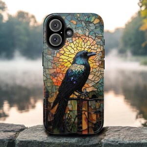 Dark Raven Stained Glass Effect Gothic Phone Case, Dark Goth Full Moon, iPhone 16 15 14 13 12 11 Samsung S21 S22 S23 S24 Phonecase
