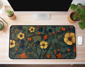 Golden Blossom Floral Desk Mat, Nature-Inspired Office Decor Mouse Pad, Whimsical Meadow Flower Aesthetic Keyboard Desk Mat Gift, S M L XL