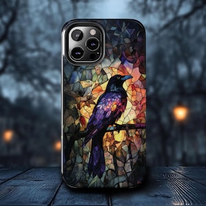 Gothic Raven Stained Glass Effect Phone Case, Fantasy Bird Dark Goth Full Moon, iPhone 16 15 14 13 12 11 Samsung S21 S22 S23 S24 Phonecase