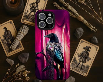 Dark Gothic Raven Phone Case, Jewel Encrusted Fantasy Ravens Design