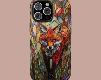 Custodia per telefono con volpe rossa in stile vetrata, arte naturalistica, regalo per amanti della natura, compatibile con iPhone 17 16 15 14 13 12 11 e Samsung S21 22 23 24 25.