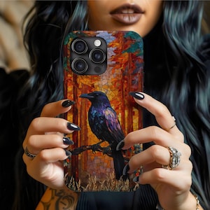 Crow Stained Glass Gothic Phone Case, Forest Sunset Dark Goth Corvid Gift, For iPhone 16 15 14 13 Samsung S25 24 23 22 ALL MODELS Phonecase