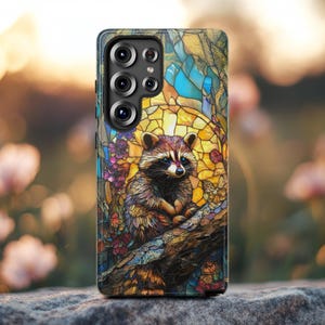 Raccoon Stained Glass Effect Phone Case, Whimsical Woodland Nature Lover Gift for iPhone 16 15 14 13 Pixel Samsung S25 24 23 22 21 Phonecase