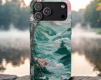 Carved Jade Japanese Landscape Phone Case, Cherry Blossom Zen Asian Art Gift, iPhone 17 16 15 14 13 12 Samsung S25 24 23 22 21 Phonecase