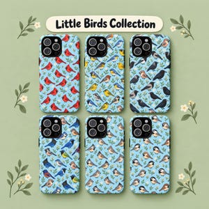 May include: Six smartphone cases arranged in two rows, each featuring a light blue background with a repeating pattern of small birds and white flowers. The text Little Birds Collection appears at the top. Each case has a black camera lens cutout.