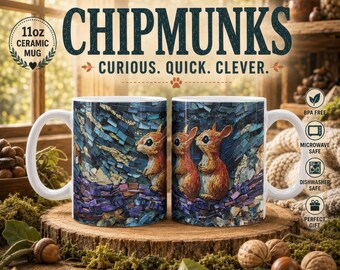 May include: An 11oz ceramic mug featuring a mosaic-style design of three chipmunks against a blue and purple background. The mug displays the text CHIPMUNKS CURIOUS. QUICK. CLEVER. It is BPA free, microwave safe, and dishwasher safe.