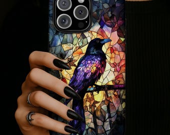 Gothic Raven Faux Stained Glass Phone Case, Crow Bird Dark Goth Full Moon iPhone 17 16 15 14 13 12 11 Samsung S21 S22 S23 S24 S25 Phonecase