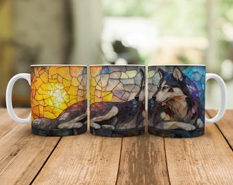 Alaskan Malamute Mug Gift, Stained Glass Cup For Sled Dog Lovers, Malamute Pet Owner Gift for Dog Mom Dad Owner, 11oz Ceramic Tea Coffee Mug