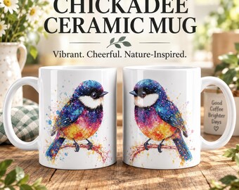 May include: Two white ceramic mugs featuring a colorful watercolor illustration of a chickadee bird. The bird has a black head, white cheeks, and a body with vibrant blue, purple, pink, and yellow paint splatters. Text reads CHICKADEE CERAMIC MUG.