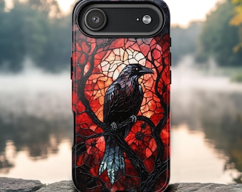 Dark Gothic Raven Phone Case, Faux Stained Glass Witchy Goth Cell Cover For iPhone 17 16 15 14 Pro Samsung S25 24 23 Plus, Pixel Phonecase